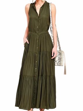 Banana Republic Olive Green Sleeveless Button-Front Maxi Dress